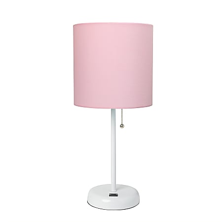 LimeLights White Stick Lamp with USB charging port and Light Pink Fabric Shade