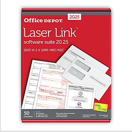 Office Depot® W-2/1099 Laser Form Sets With Envelopes And Software, 6-Part/4-Part, 8-1/2" x 11", Pack Of 50 Form Sets, 1202325