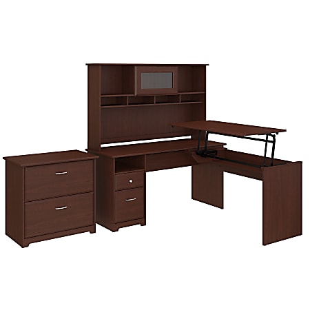 Bush Furniture Cabot 3 Position L Shaped Sit to Stand Desk with Hutch and File Cabinet, 60"W, Harvest Cherry, Standard Delivery