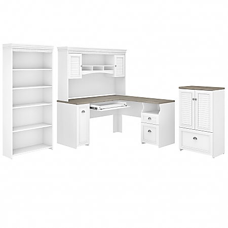 Bush Business Furniture Fairview 60"W L-Shaped Desk With Hutch, Storage Cabinet With Drawer And 5-Shelf Bookcase, Shiplap Gray/Pure White, Standard Delivery
