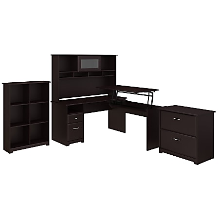 Bush Furniture Cabot 3 Position L Shaped Sit to Stand Desk with Hutch and Storage, 60"W, Espresso Oak, Standard Delivery
