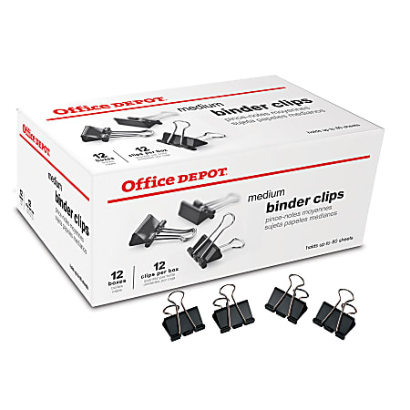 Office Depot® Brand Binder Clips, Medium, 1-1/4" Wide, 5/8" Capacity, Black, Pack Of 144 (12 Boxes Of 12 Clips)