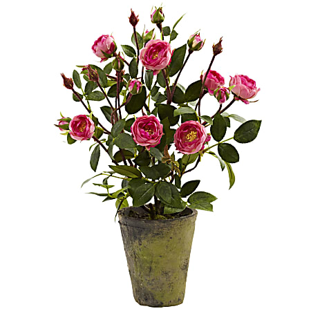 Nearly Natural French Rose 14”H Plastic Plant Garden With Pot, 14”H x 9”W x 7”D, Pink/Green