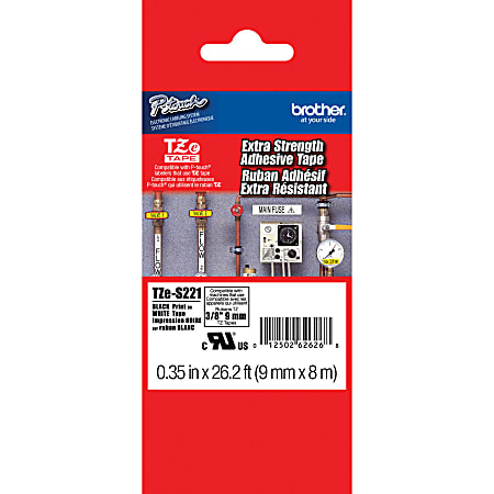 Brother® TZe-S221 Black-On-White Industrial-Strength Tape, 0.38" x 26'