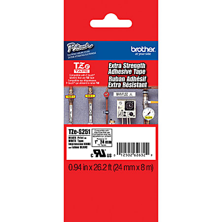 Brother® TZe-S251 Black-On-White Extra-Strength Industrial Tape,