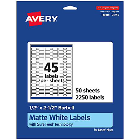 Avery® Permanent Labels With Sure Feed®, 94749-WMP50, Barbell, 1/2" x 2-1/2", White, Pack Of 2,250