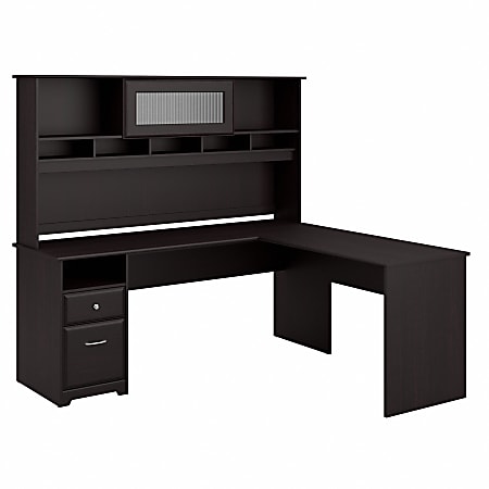 Bush Business Furniture 72"W Cabot L Shaped Corner Desk With Hutch And Drawers, Espresso Oak, Standard Delivery