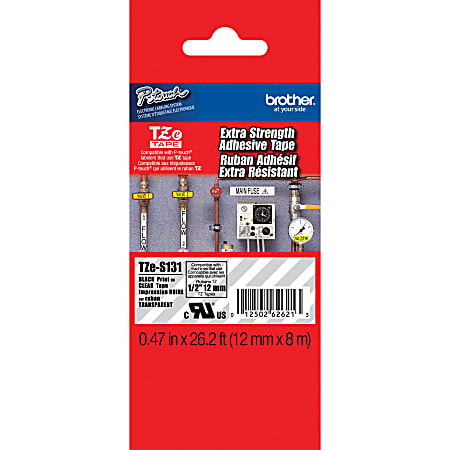 Brother® TZe-S131 Black-On-Clear Industrial-Strength Tape, 0.5" x 26"