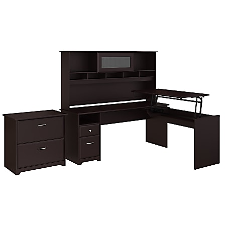 Bush Furniture Cabot 3 Position L Shaped Sit to Stand Desk with Hutch and File Cabinet, 72"W, Espresso Oak, Standard Delivery