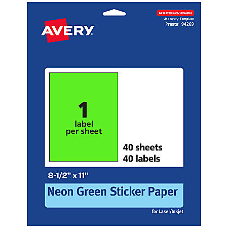 Avery® Printable Sticker Paper, 94269-NGP40, Rectangle, 8-1/2" x 11", Matte Neon Green, Pack of 40