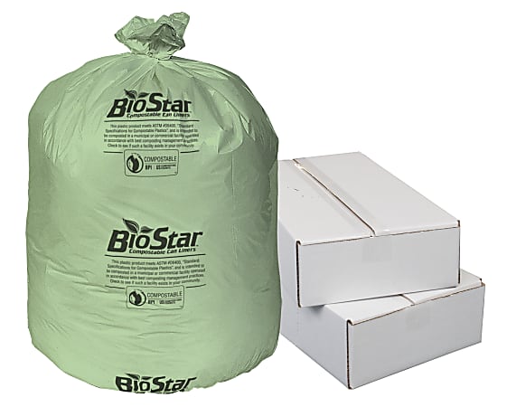 Highmark™ Bio Star Compostable 1-mil Trash Can Liners, 32 Gallons, Green, Pack Of 150