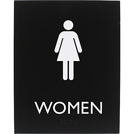Lorell Women's Restroom Sign - Print/Message "Women" - 6.4" Width x 8.5" Height - Rectangular Shape - Surface-mountable - Easy Readability, Braille - Plastic - Black - 1 Each