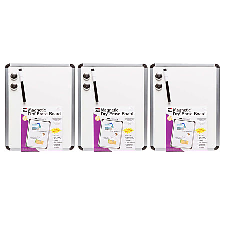 Charles Leonard Framed Magnetic Dry-Erase Boards With Markers & Magnets, 11" x 14", Silver Frame, Pack Of 3