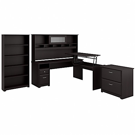 Bush Furniture Cabot 3 Position L Shaped Sit to Stand Desk with Hutch and Storage, 72"W, Espresso Oak, Standard Delivery