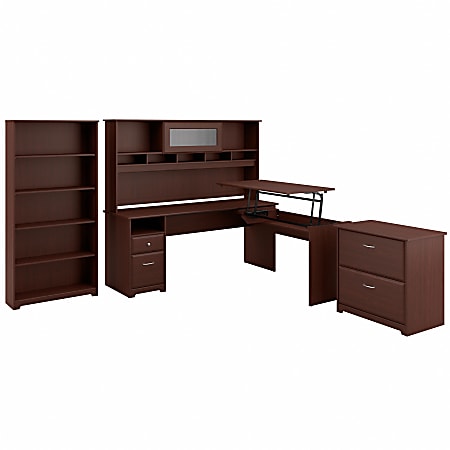 Bush Furniture Cabot 3 Position L Shaped Sit to Stand Desk with Hutch and Storage, 72"W, Harvest Cherry, Standard Delivery