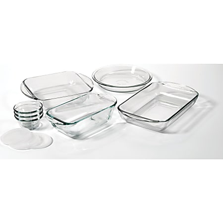 Anchor Hocking 10Pc Essentials Bake Set - 2 quart Baking Dish, 8" Length 8" Width Baking Dish, 9" Diameter Pie Pan, 1.5 quart Loaf Pan, 6 fl oz Custard Cup, Lid - Glass, Plastic Lid - Baking - Dishwasher Safe - Microwave Safe - Oven Safe - Clear