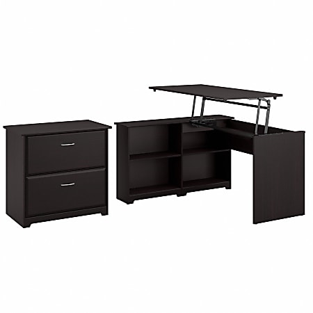 Bush Furniture Cabot 3 Position Sit to Stand Corner Bookshelf Desk with Lateral File Cabinet, 52"W, Espresso Oak, Standard Delivery