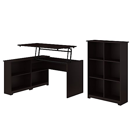 Bush Furniture Cabot 3 Position Sit to Stand Corner Bookshelf Desk with 6 Cube Organizer, 52"W, Espresso Oak, Standard Delivery