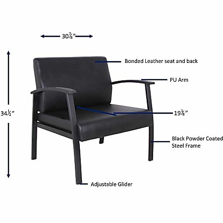 Lorell Low-back Cushioned Guest Chair - Black Bonded Leather Seat - Black Bonded Leather Back - Powder Coated Steel Frame - High Back - Four-legged Base - Armrest - 1 Each