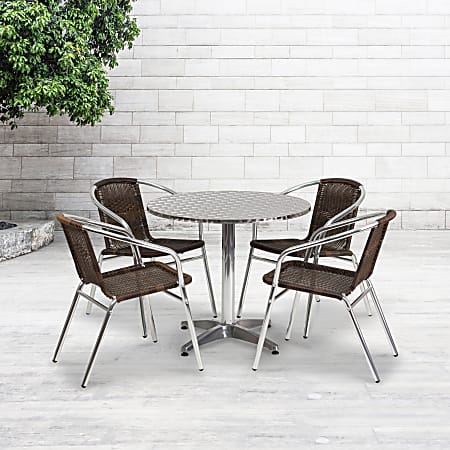 Flash Furniture Lila Round Aluminum Indoor-Outdoor Table With 4 Chairs, 27-1/2"H x 31-1/2"W x 31-1/2"D, Dark Brown, Set Of 5