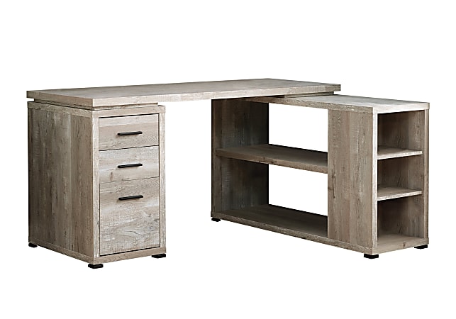 Monarch Specialties 60"W L-Shaped Corner Desk With Bookshelf, Taupe Woodgrain