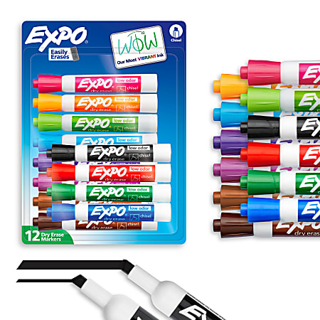 EXPO® Low-Odor Dry-Erase Markers, Chisel Point, Assorted Colors, Pack Of 12, Carded Packaging