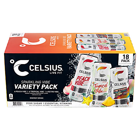 Celsius Vibe Energy Drinks Variety Pack, 12 Oz, Pack Of 18 Drinks