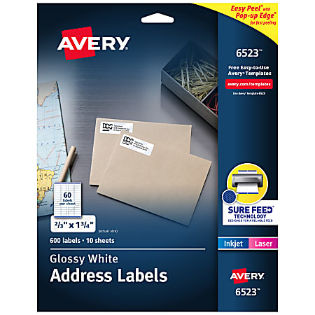 Avery® Return Address Labels With Sure Feed® And Easy Peel® Technology, 6523, Rectangle, 2/3" x 1-3/4", Glossy White, Pack Of 600