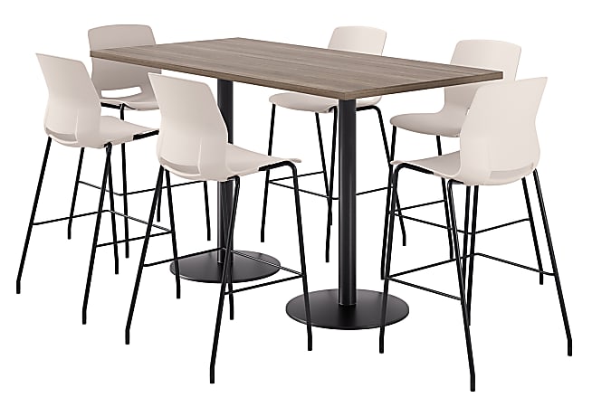 KFI Studios Proof Bistro Rectangle Pedestal Table With 6 Imme Barstools, 43-1/2"H x 72"W x 36"D, Studio Teak/Black/Moonbeam Stools