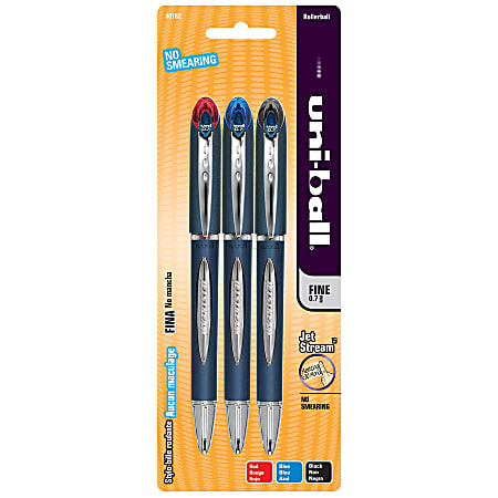 uni-ball® Jetstream™ Rollerball Pens, Fine Point, 0.7 mm, Black Barrels, Assorted Ink Colors, Pack Of 3