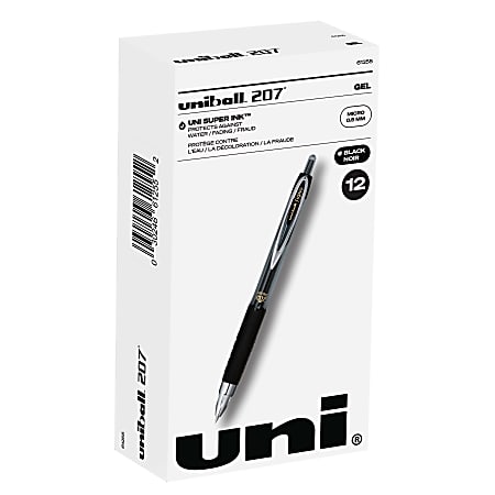 uni-ball® 207™ Retractable Fraud Prevention Gel Pens, Micro Point, 0.5 mm, Black Barrels, Black Ink, Pack Of 12