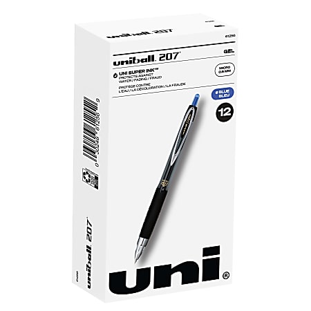 uni-ball® 207™ Retractable Fraud Prevention Gel Pens, Micro Point, 0.5 mm, Black Barrels, Blue Ink, Pack Of 12