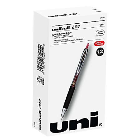uni-ball® 207™ Retractable Fraud Prevention Gel Pens, Micro Point, 0.5 mm, Black Barrels, Red Ink, Pack Of 12