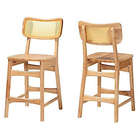 Baxton Studio Tadeo Mid-Century Modern Finished Wood/Rattan Counter-Height Stools With Backs, Oak Brown, Set Of 2 Stools