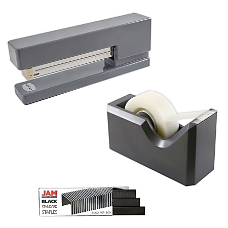 JAM Paper® 2-Piece Office And Desk Set, 1 Stapler & 1 Tape Dispenser, Gray/Black