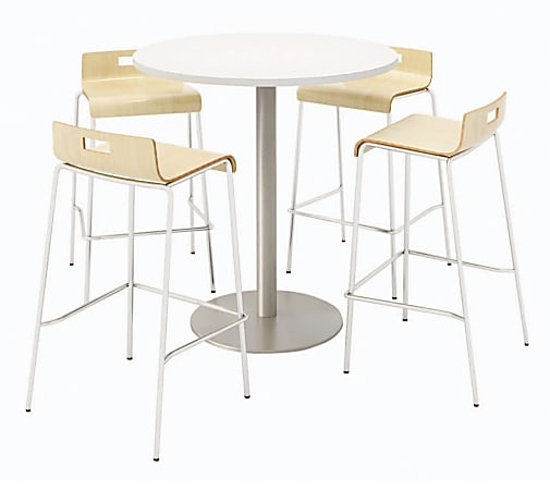 KFI Studios Round Bistro Pedestal Table With 4 Stacking Bar Stools, Designer White/Natural