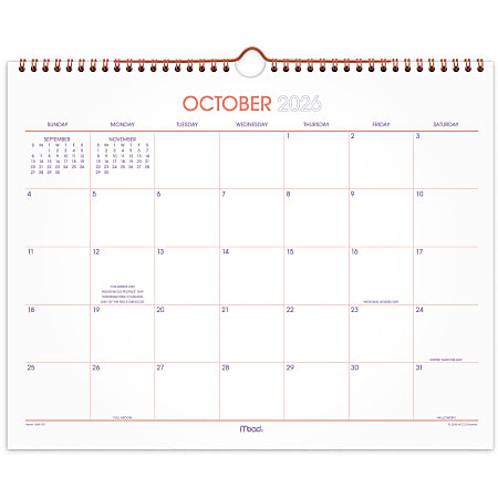 Mead® Color Pop 2027 15-Month Monthly Wall Calendar, Fuchsia, Medium, 12" x 15"
