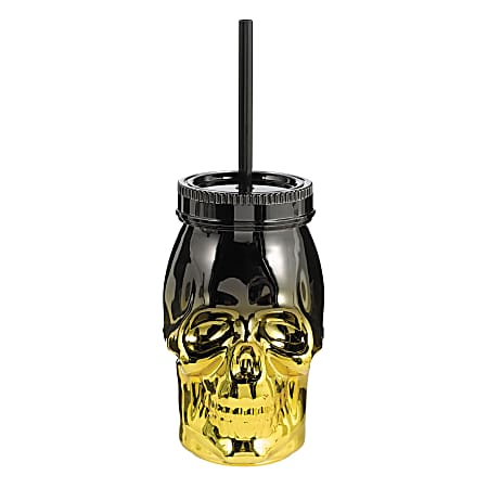 Amscan Metallic Plastic Halloween Skull Cups With Straws, 16 Oz, Case Of 3