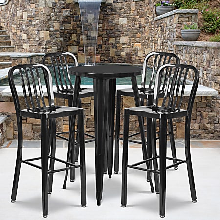 Flash Furniture Commercial Grade Round Metal Indoor-Outdoor Bar Table Set With 4 Vertical Slat Back Stools, 41"H x 24"W x 24"D, Black