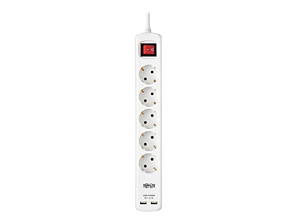 Tripp Lite 5-Outlet Power Strip with USB-A Charging - Schuko Outlets, 220-250V, 16A, 3 m Cord, Schuko Plug, White - Power strip - 16 A - AC 230 V - input: Type E - output connectors: 5 (2 x USB, 5 x power Type F) - 10 ft cord - white