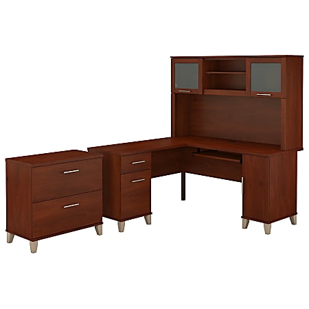 Bush Furniture Somerset L Shaped Desk With Hutch And Lateral File Cabinet, 60"W, Hansen Cherry, Standard Delivery