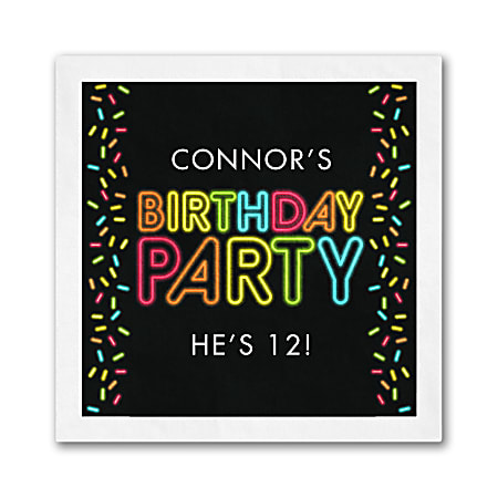 Custom Full-Color Printed Beverage Napkins, 4-3/4" x 4-3/4", Neon Birthday, Box Of 100 Napkins