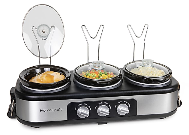 HomeCraft HCTSC15SS 3-Station 1.5-Quart Oval Slow Cooker Buffet, Silver