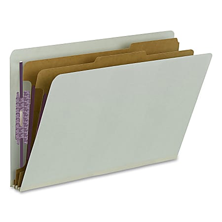 Smead® Pressboard Classification Folders With SafeSHIELD® Fasteners, End-Tab, 2 Divider, Legal Size, 60% Recycled, Gray/Green, Pack Of 10