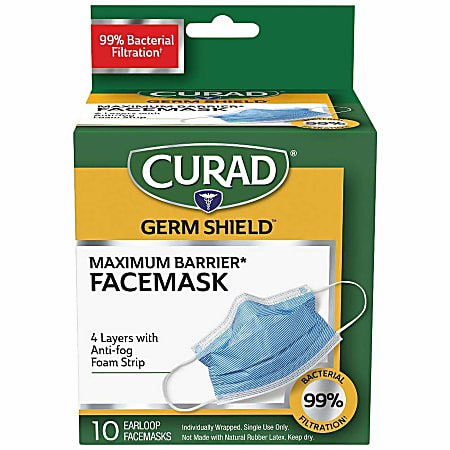 Curad Medical-grade FaceMasks - Recommended for: Healthcare - Fog, Fluid, Bacteria, Pollen, Dust Protection - White - Comfortable, Breathable, Adjustable Nose Guard, Fluid Resistant, Earloop Style Mask - 10 / Box