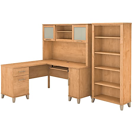Bush Furniture Somerset L Shaped Desk With Hutch And 5 Shelf Bookcase, 60"W, Maple Cross, Standard Delivery
