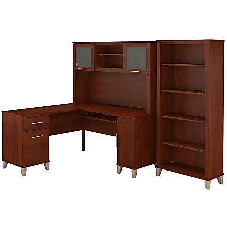 Bush Furniture Somerset L Shaped Desk With Hutch And 5 Shelf Bookcase, 60"W, Hansen Cherry, Standard Delivery