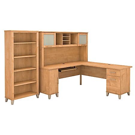 Bush Furniture Somerset L Shaped Desk With Hutch And 5 Shelf Bookcase, 72"W, Maple Cross, Standard Delivery