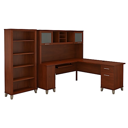 Bush Furniture Somerset L Shaped Desk With Hutch And 5 Shelf Bookcase, 72"W, Hansen Cherry, Standard Delivery