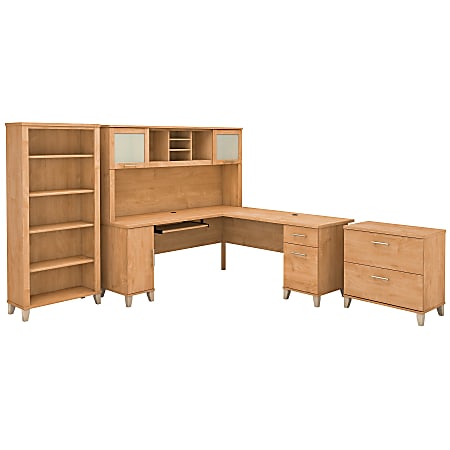 Bush Furniture Somerset 72"W L Shaped Desk With Hutch, Lateral File Cabinet And Bookcase, Maple Cross, Standard Delivery